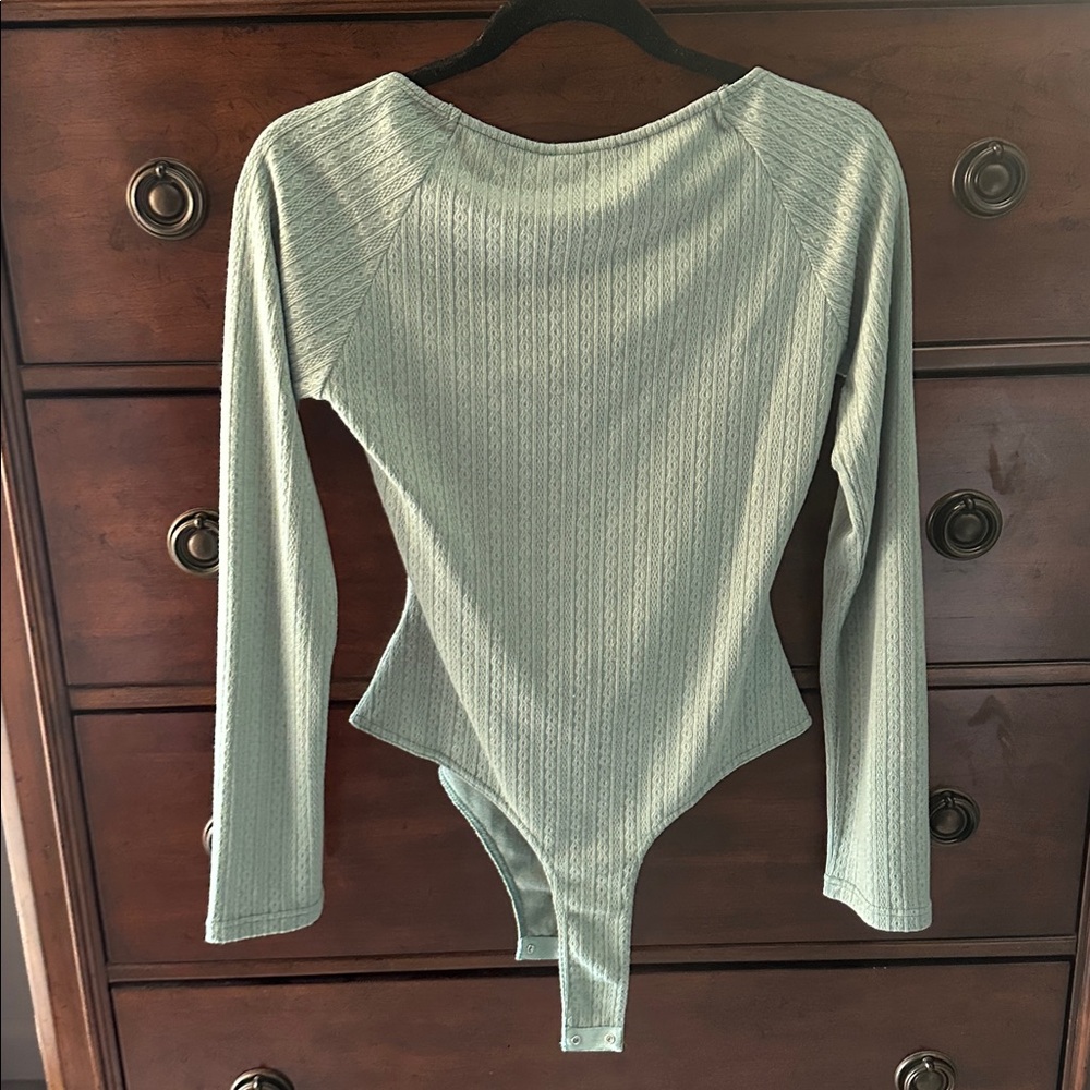 Lulus Too-cute Attitude Sage Green Pointelle Knit Long Sleeve Bodysuit - Picture 11 of 12